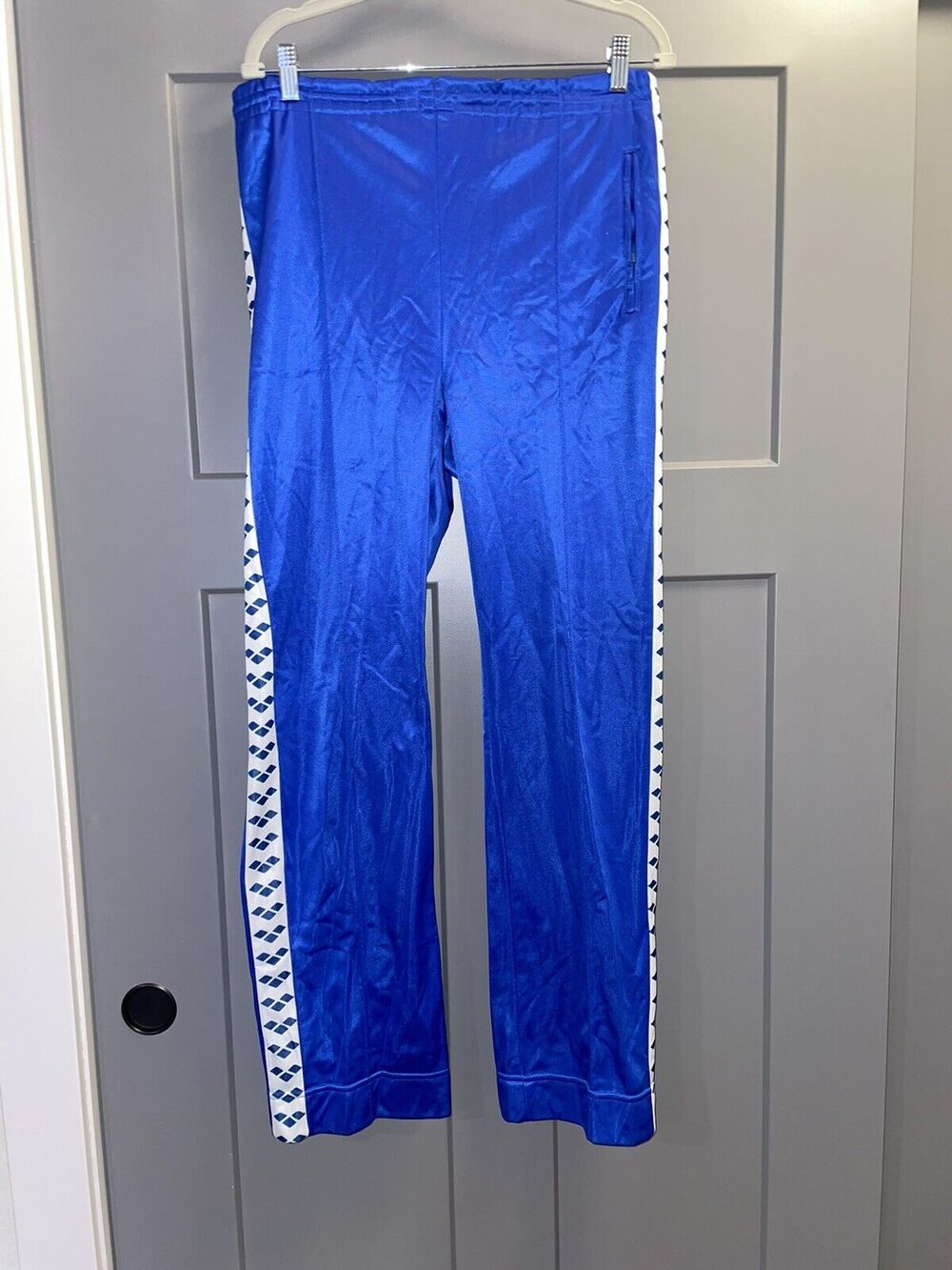 Vintage Arena Blue & White Pull On Track Pant Size Medium Side Tape Logo